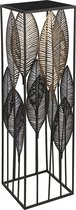 Metalen zuil met palmbladeren metaal 27x27x100 met een glas plaat - Plantentafel-sokkel - zwart brons kleurige bladeren