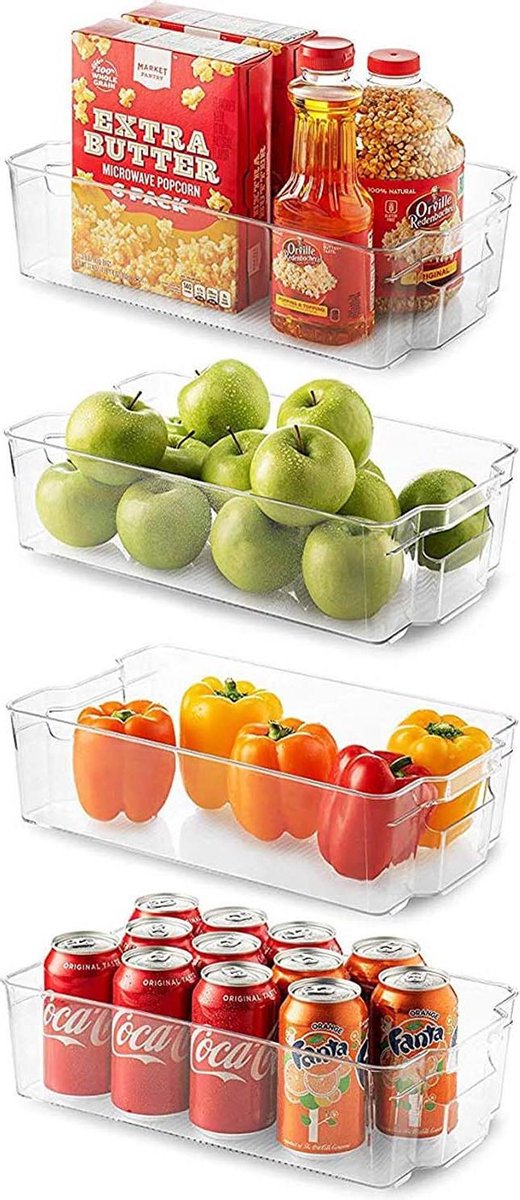 Buxibo 4 Stuks Koelkast Organizer Set - Stapelbare Bakken - Multifunctionele Bakjes - Badkamer/Kast/Kantoor Bak - 37x19x10CM