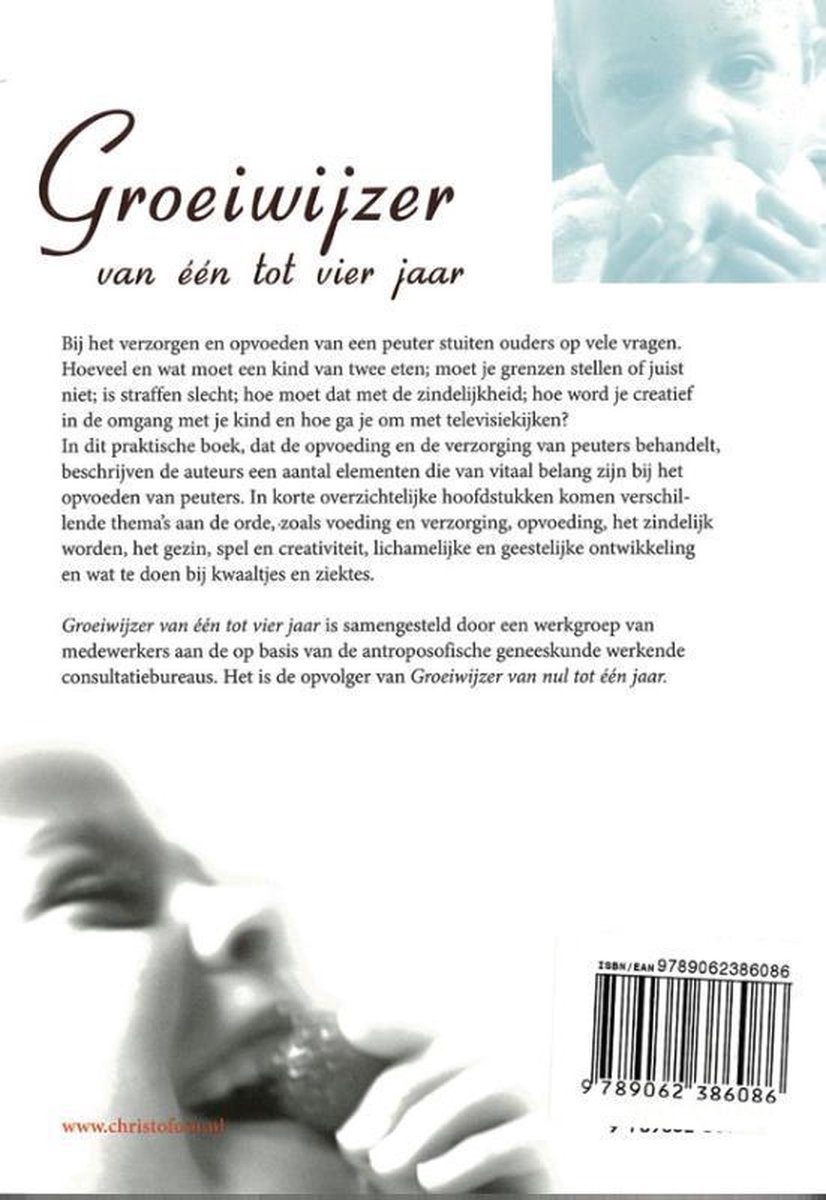 Boekomslag 'Groeiwijzer van één tot vier jaar' met foto's van kinderen en tekst.