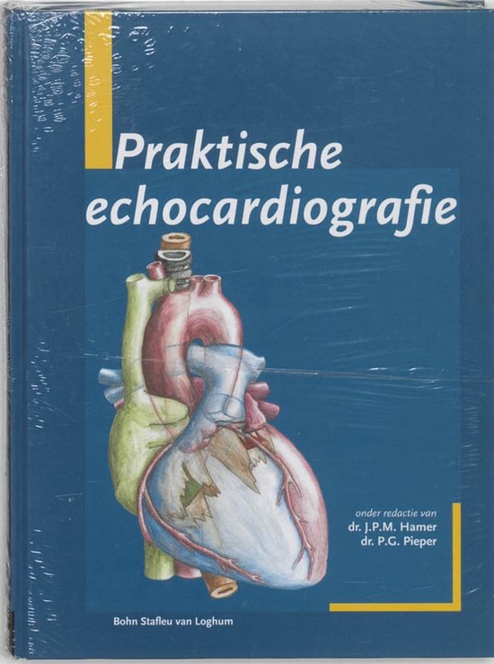 Couverture de livre avec illustration anatomique d'un cœur et le titre 'Praktische echocardiografie'.