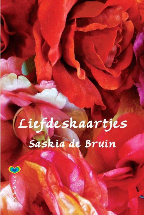 Een stapel rode en roze rozen met de tekst "Liefdeskaartjes Saskia de Bruin".