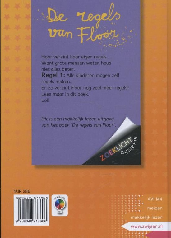 Paarse achterkant van het boek 'De regels van Floor', met tekst over de inhoud en een logo 'ZOEKLICHT dyslexie'.