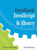 Boekcover Handboek JavaScript & jQuery van Peter Kassennaar. Blauwe achtergrond met tandwiel.