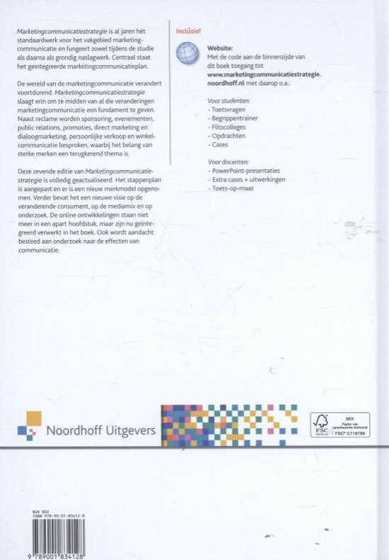 Achterpagina van een boek met tekst en een kleurrijke, abstracte patroonillustratie.
