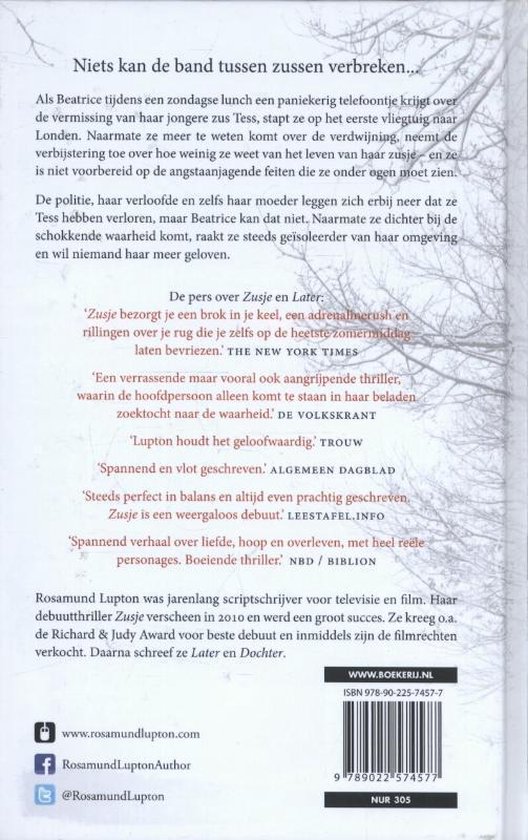 Achterkant boek "Zusje" met plot, citaten, auteurinformatie en ISBN.
