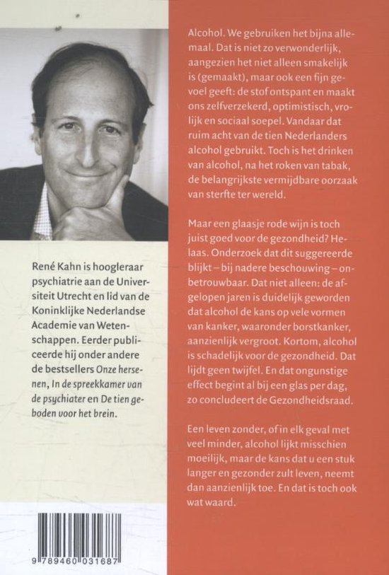 Een boek, "Op je gezondheid?", met op de achterkant een portret van René Kahn, hoogleraar psychiatrie.