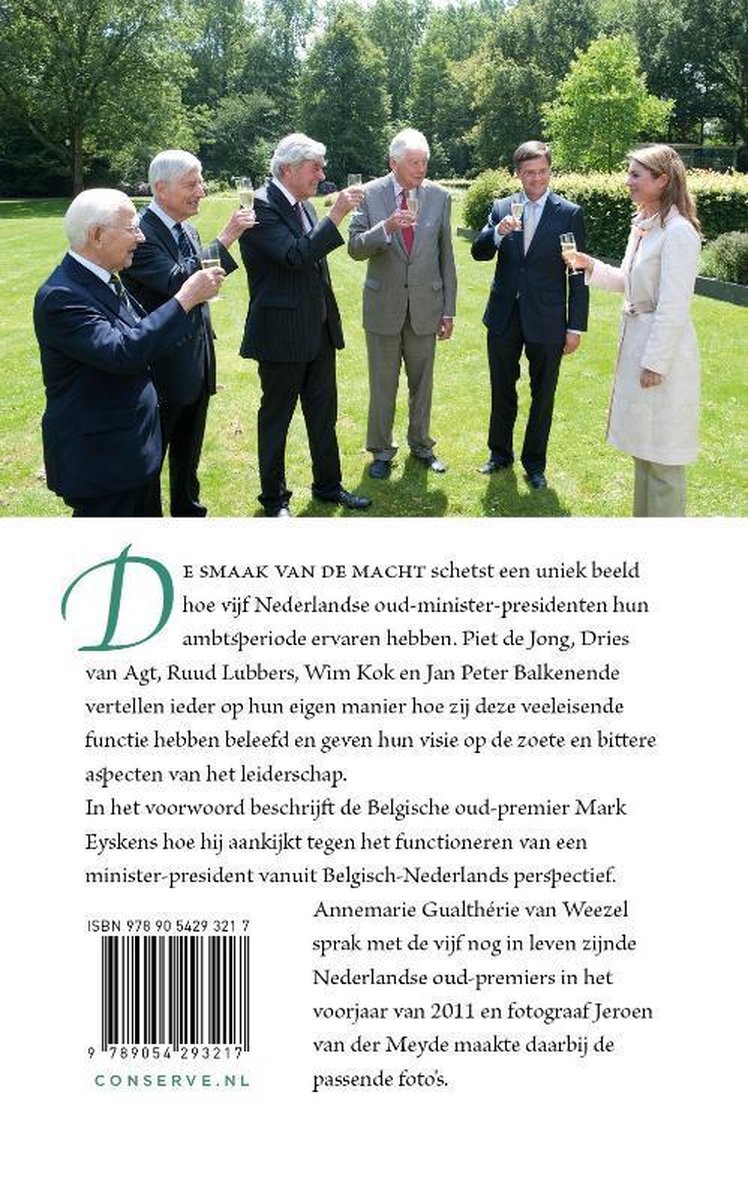 Achterkant van het boek 'De smaak van de macht' met beschrijving van de inhoud en informatie over de auteur.