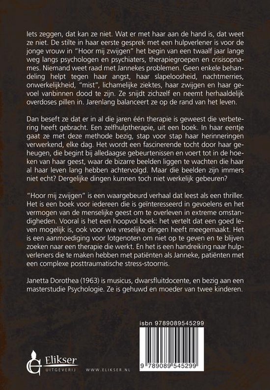 Achterkant van het boek "Hoor mij zwijgen". Bevat tekst, ISBN en uitgever.