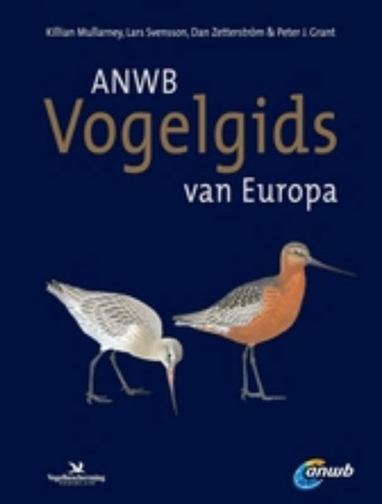 Guide des oiseaux ANWB d'Europe avec deux oiseaux : un oiseau blanc et un oiseau orange tacheté de noir.