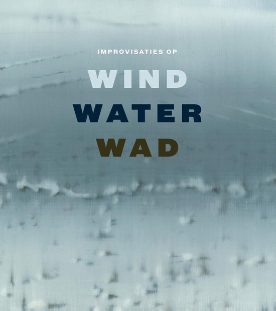 Boekcover met de tekst 'IMPROVISATIES OP WIND WATER WAD' op een grijze, wazige achtergrond.