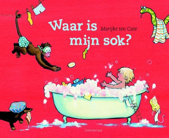 Een jong kind in bad met veel schuim. Een aapje, slang, muis, hond en poedel spelen rond het bad. Tekst: Waar is mijn sok? Marijke ten Cate.