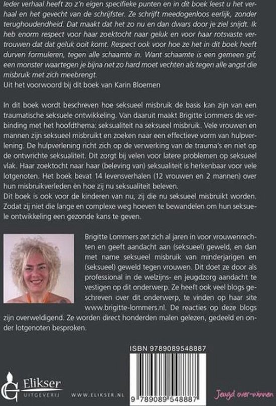 Achterkant boek 'Bevrijd van schaamte en schuld', met portret van Brigitte Lommers.