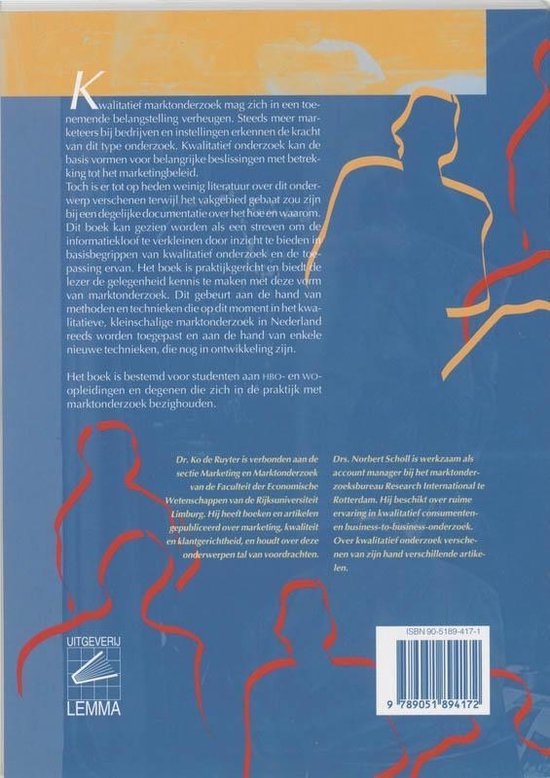 Boek met titel 'Kwalitatief marktonderzoek' in gele letters op een blauwe achtergrond met oranje gestileerde figuren.