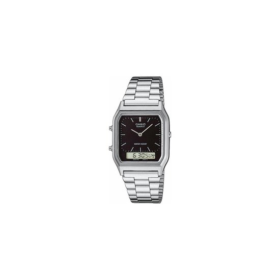 Montre argentée avec bracelet métallique, cadran noir, affichage analogique et numérique, sur bracelet argenté.