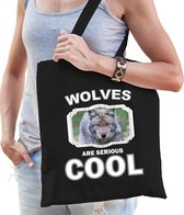 Dieren wolf  katoenen tasje volw + kind zwart - wolves are cool boodschappentas/ gymtas / sporttas - cadeau wolven fan
