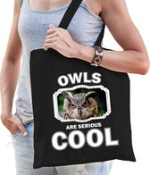 Dieren uil  katoenen tasje volw + kind zwart - owls are cool boodschappentas/ gymtas / sporttas - cadeau uilen fan