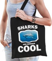 Dieren haai  katoenen tasje volw + kind zwart - sharks are cool boodschappentas/ gymtas / sporttas - cadeau haaien fan