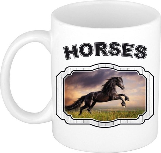Dieren liefhebber zwart paard mok 300 ml - kerramiek - cadeau beker / mok paarden liefhebber