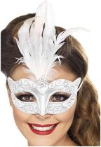 SMIFFYS - Venetiaans zilverkleurig masker met witte veren voor volwassenen - Maskers > Venetiaanse maskers