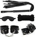 Set met zwarte bondage-items: zweep, oogmasker, touw, handboeien met zachte voering.