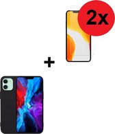 Geschikt voor iPhone 12 Hoesje + 12 Screenprotector - 12 hoes TPU Siliconen Case Zwart + 2x Screenprotector