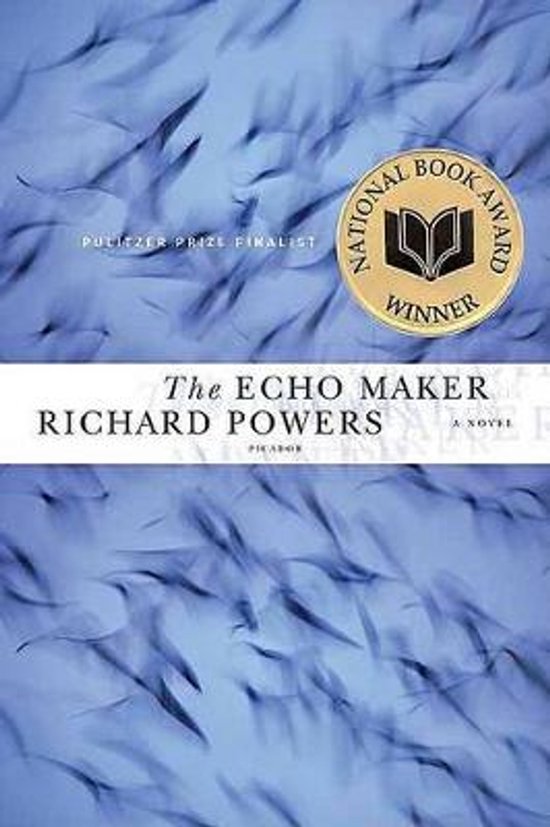 Boek kaft van "The Echo Maker" door Richard Powers, met een blauwe textuur en een gouden medaille van de National Book Award.