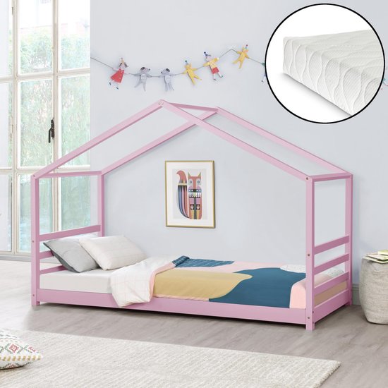 Lit d'enfant lit de maison en pin avec matelas 90x200 cm rose