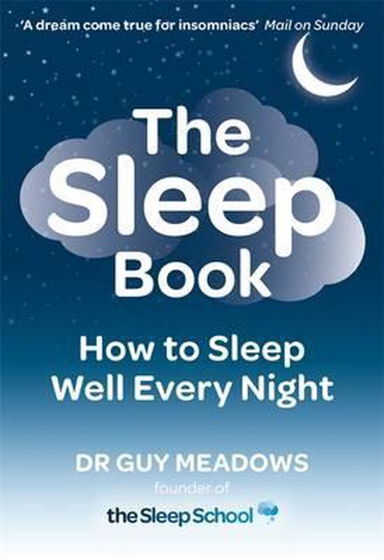 Boekomslag van The Sleep Book door Dr. Guy Meadows, met een donkerblauwe nachtelijke lucht, wolken en een wassende maan.