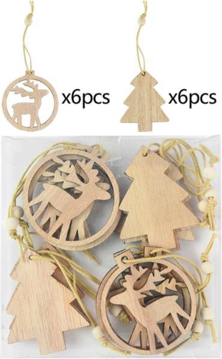 ProductGoods - Houten Kersthangers - Diverse Stylen - Zelf in te kleuren - Set van 12 stuks - Kerst Decoratie - Kerst
