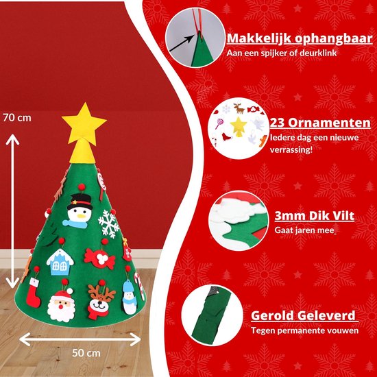 Vilten Kerstboom Kinderen 3D Binnen Kerstcadeau - Mini Kerstboom Vilt - 70 cm - Inclusief Kerstboom Opbergtas & Kerstmuts