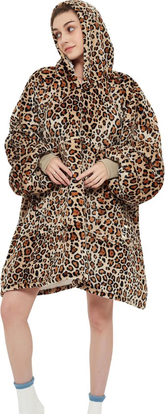 JAXY Hoodie Deken - Snuggie - Snuggle Hoodie - Fleece Deken Met Mouwen - 1450 gram - Luipaard