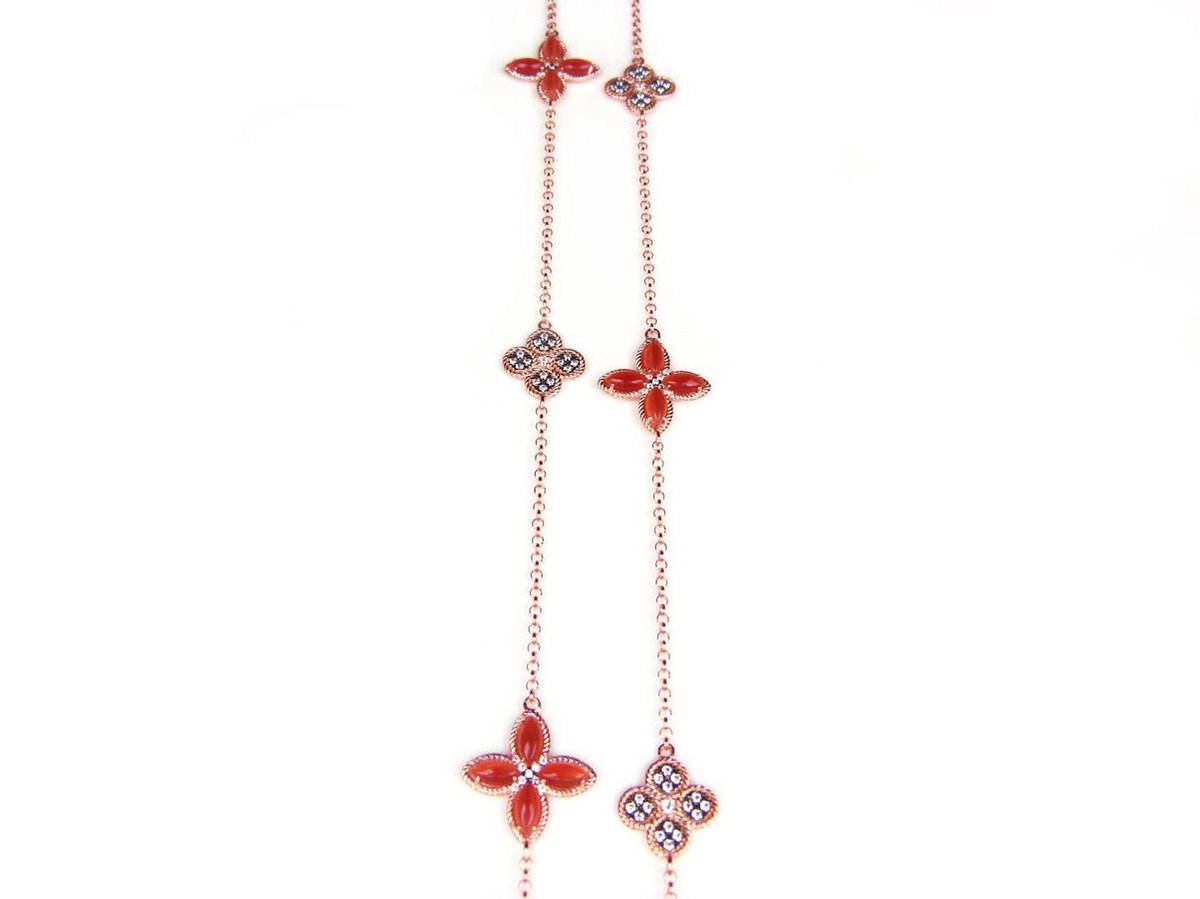 Lange zilveren collier halssnoer roos goud verguld Model Refined Repitition gezet met oranje stenen