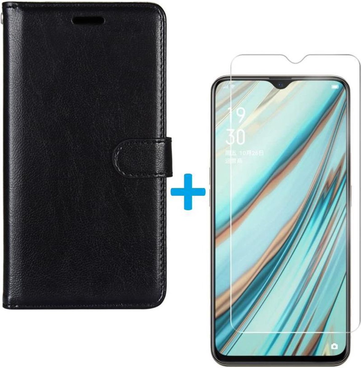 Telefoonhoesje Geschikt voor: Oppo A12 / Oppo A12S hoesje book case zwart + Tempered Screenprotector