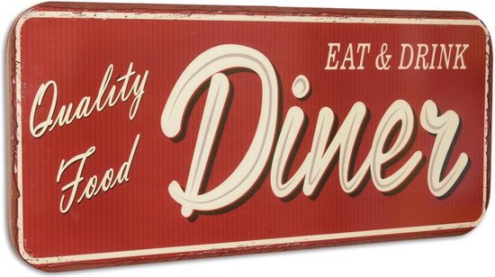 Wandbord vintage - "Quality food Diner" - Tinnen wandplaat - 46 cm hoog