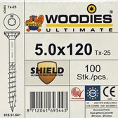 Woodies schroeven 5.0 x 120 SHIELD T-25 deeldraad 100 stuks