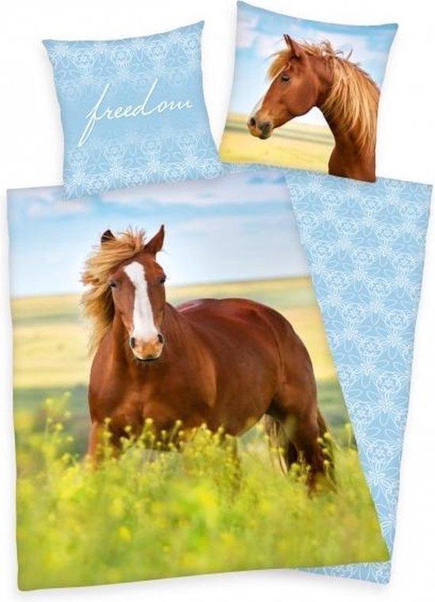 Paarden Dekbedovertrek 140x200 , Bruin paard in bloemenweide , omkeerbaar motief , Meisjes dekbed