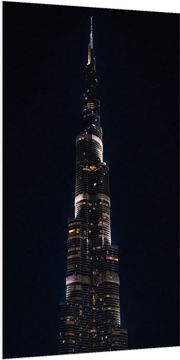 Dibond - Dubai Fontein in het Donker - 100x200cm Foto op Aluminium (Wanddecoratie van meta