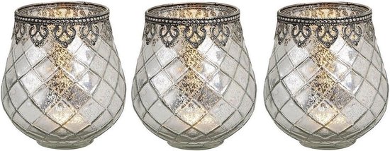 3x Photophore / Photophore lanternes argent antique 14 x 13 cm métal / verre - Accessoires de maison pour la maison / Décorations pour la maison Bougeoirs