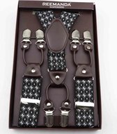 Bretels Heren - 6 Stevige Clips - Zwart/Wit H Geruit - Bruin Leer - 3,5 cm