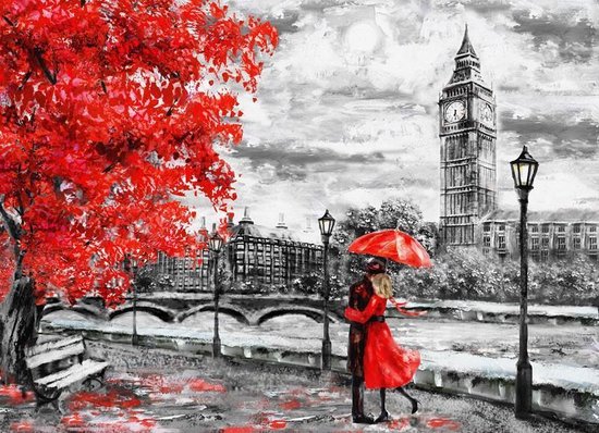 Kussend stel in Londen bij Big Ben met rood uitgelicht Canvas 120 x 90 cm