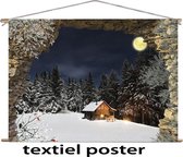 textiel poster kerst - 90 x 65 cm - doorkijk maanlicht in bos - winterlandschap - kerst decoratie - muur decoratie - kerstversiering