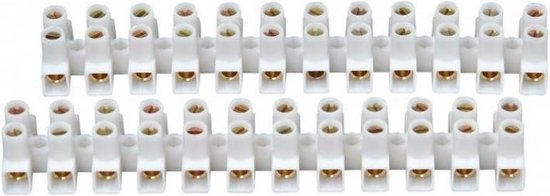 Twee witte kunststof kroonstrips met elk 12 aansluitpunten en metalen schroefcontacten.