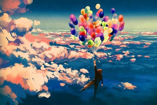 Man hangend aan ballonnen in de wolken Canvas