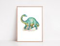 Une aquarelle d'un Brontosaure bleu-jaune au long cou, debout sur un fond clair.