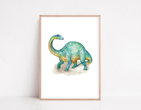 Une aquarelle d'un Brontosaure bleu-jaune au long cou, debout sur un fond clair.