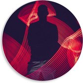 Forex Wandcirkel - Abstracte Rode Lichtgevende Strepen met Mensen Silhouette  - 30x30cm Foto op Wandcirkel (met ophangsysteem)