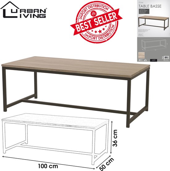 Salontafel met licht houten blad en zwart stalen frame, afmetingen 100x50x36 cm. Tekening van de tafel eronder. Tekst: Urban Living, Table Basse, Loft.
