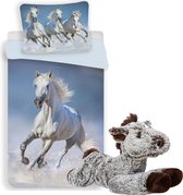 Dekbedovertrek Witte Paarden , 1persoons, 140x200, incl. lieve paarden knuffel - 32 cm - donkerbruin