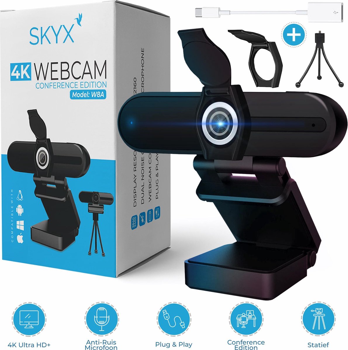 SKYX W8A - Webcam - Met microfoon - 4K - Zwart