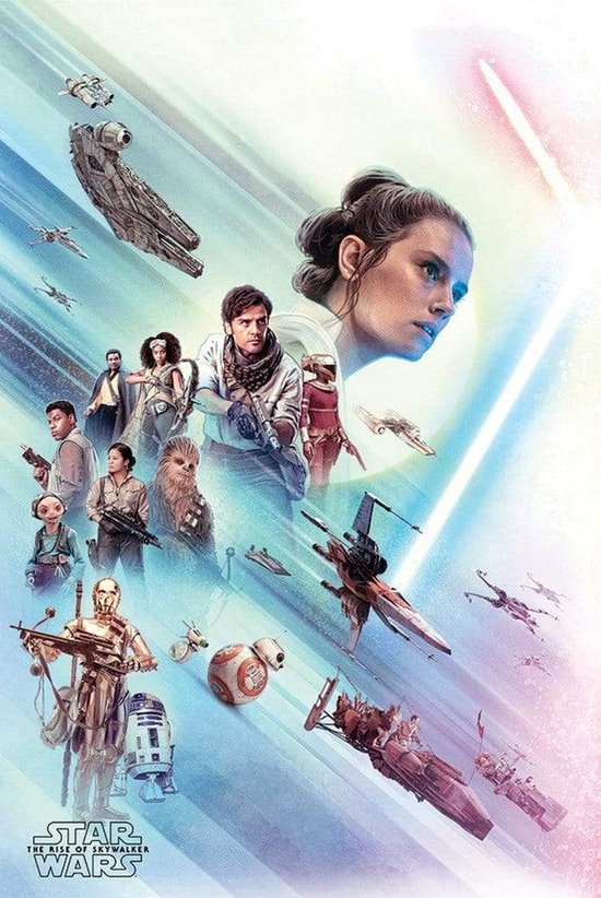 Poster met de personages uit Star Wars: The Rise of Skywalker, met Rey, Poe Dameron, Finn, Chewbacca, BB-8, C-3PO en R2-D2.